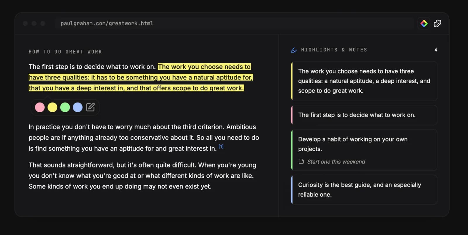 Glasp highlights and notes workspace in a dark reading interface
