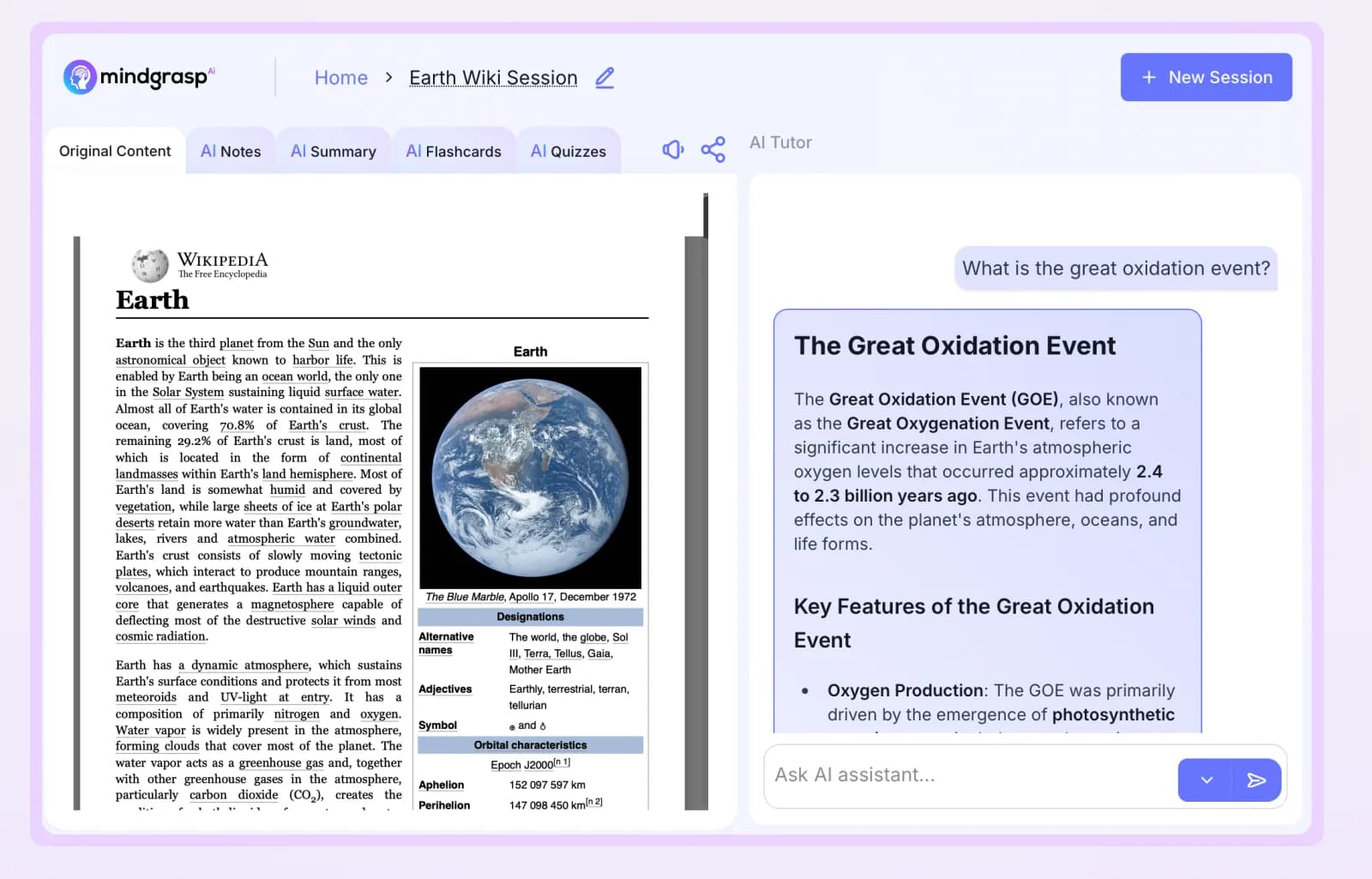 Mindgrasp study session with source material, notes, flashcards, and quizzes