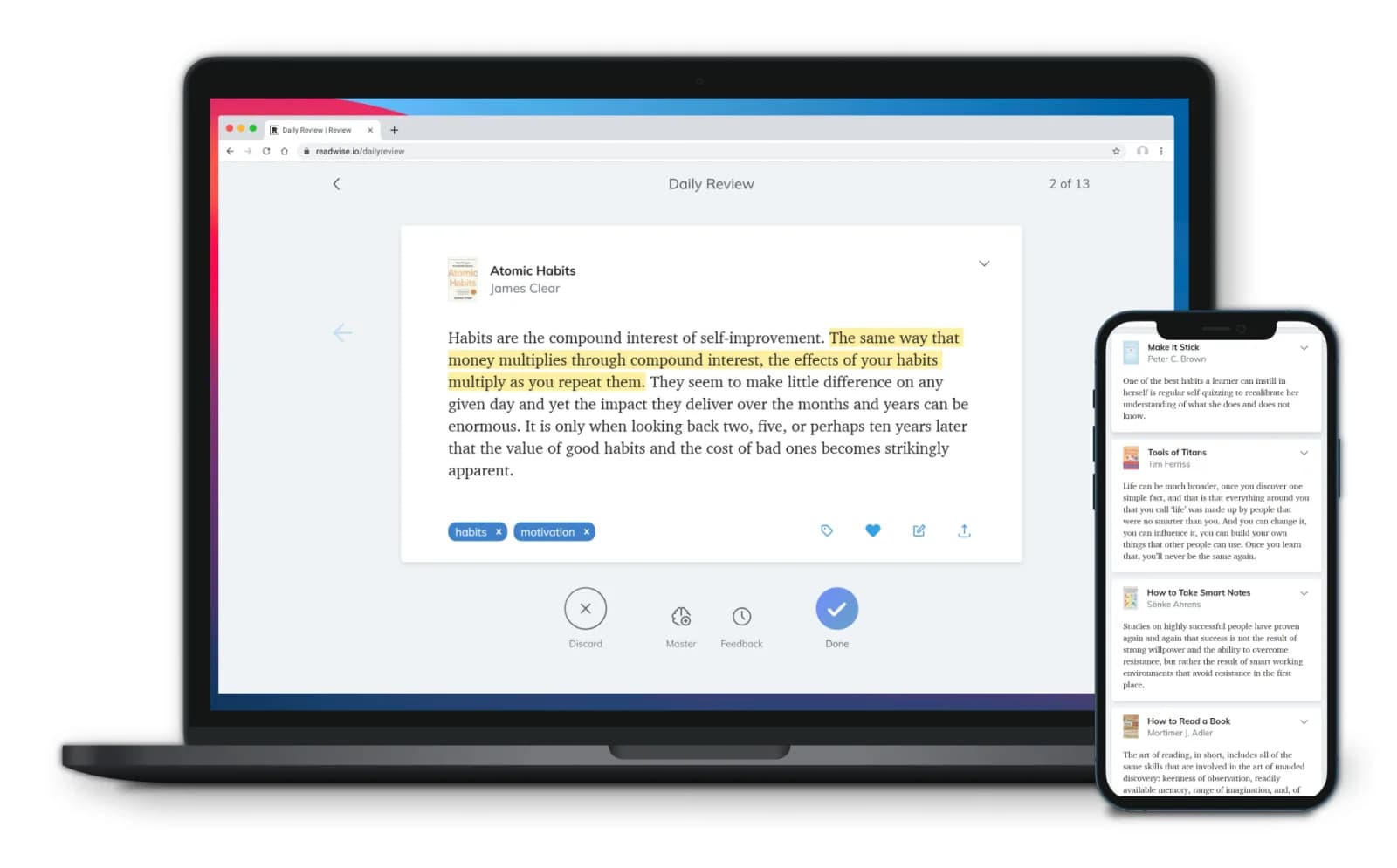 Readwise Reader's daily review workspace across laptop and phone