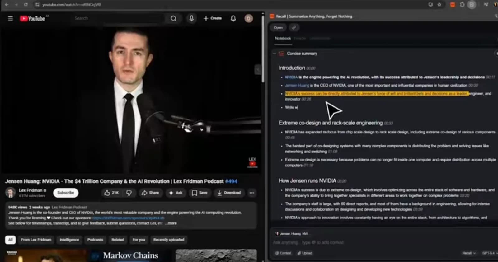 Recall's connected knowledge library and YouTube research workspace