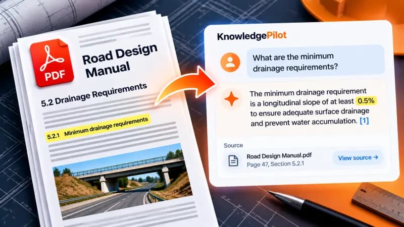 KnowledgePilot answers a question from a Road Design Manual PDF with a source citation