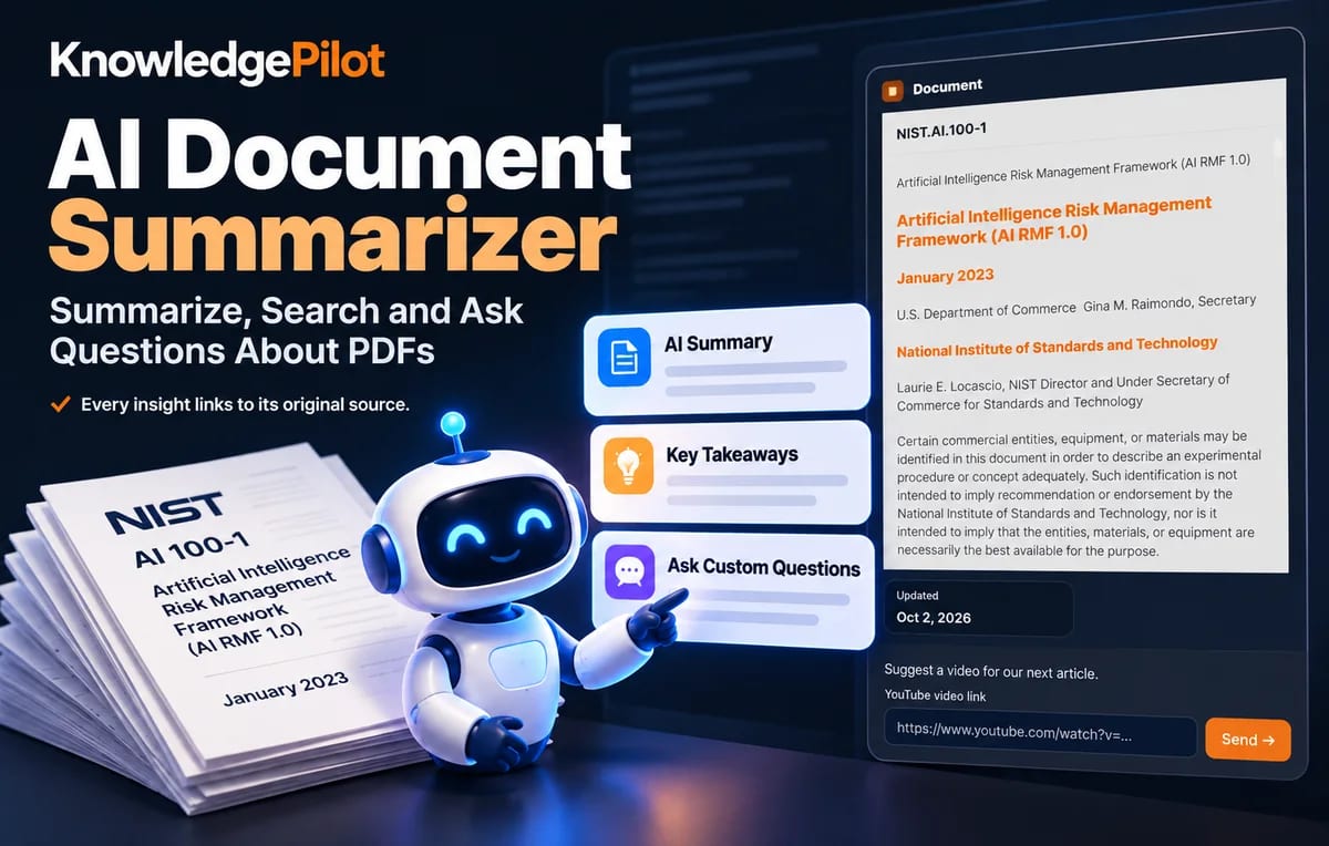 AI Document Summarizer artwork showing a cited answer, analysis outputs, and document sources, by KnowledgePilot