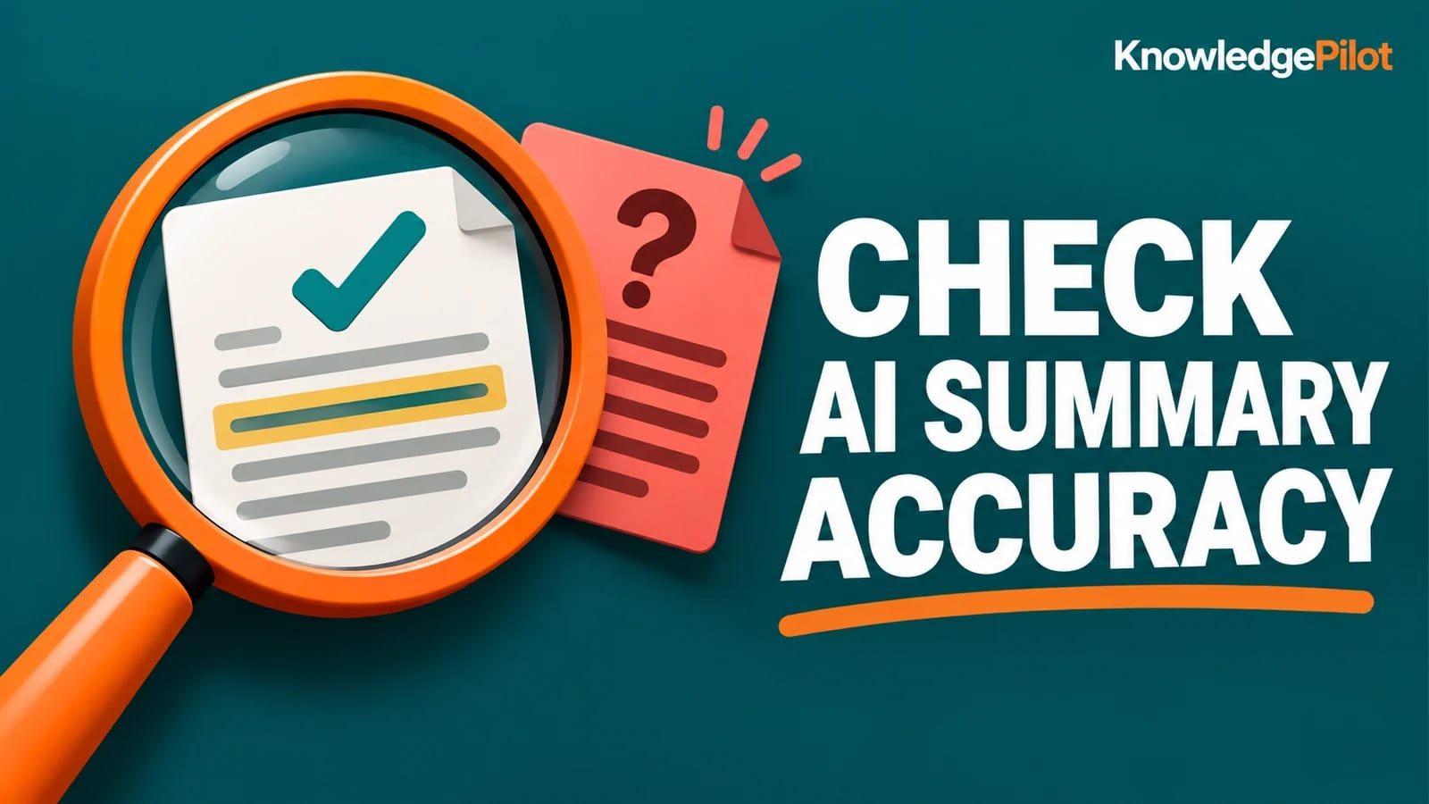 Orange magnifying glass checking a highlighted source passage beside a question-mark card, illustrating AI summary accuracy checks.