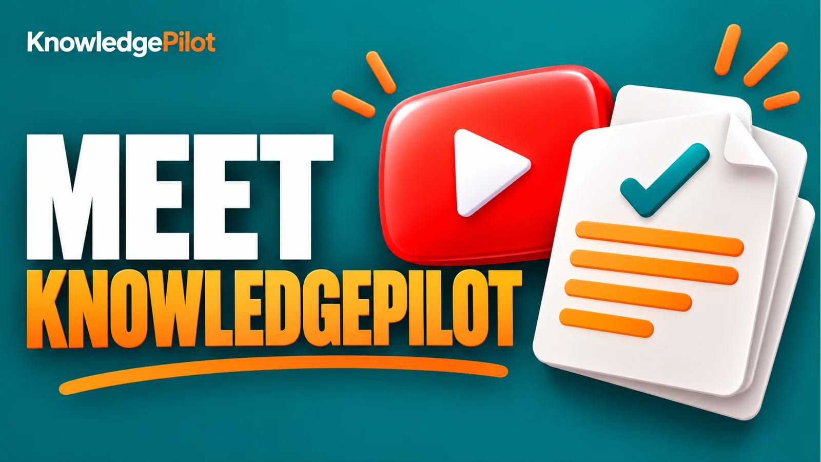 Video play tile and document pages beside the Meet KnowledgePilot headline on a teal background.