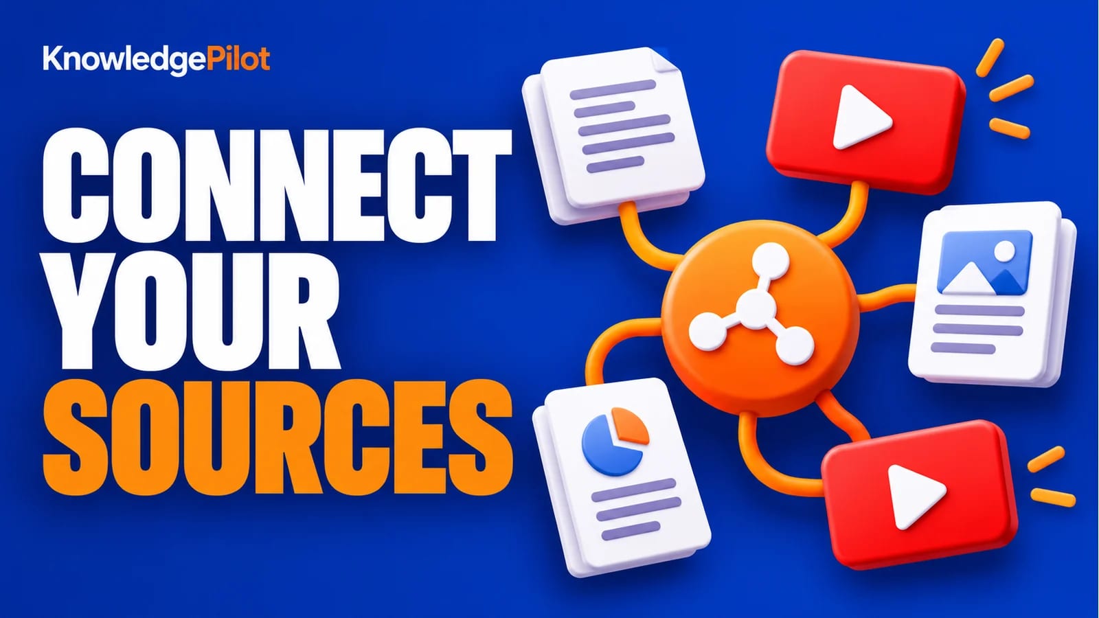 Document and video cards connected to an orange hub beside the Connect Your Sources headline on a blue background.