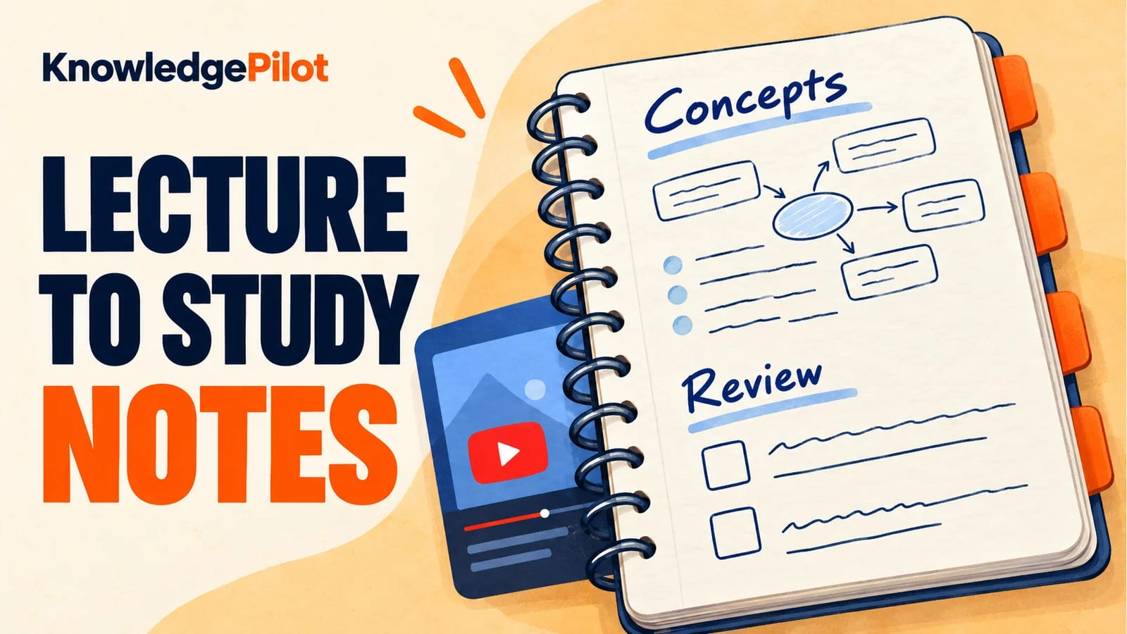 Open notebook with concept diagrams and review questions beside a lecture video card, illustrating YouTube lecture study notes.