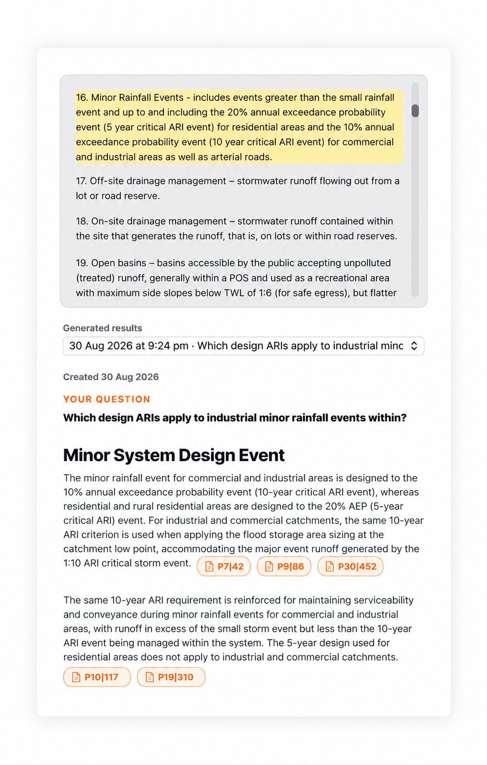 KnowledgePilot answer with clickable citations beside the highlighted supporting passage in an engineering guideline