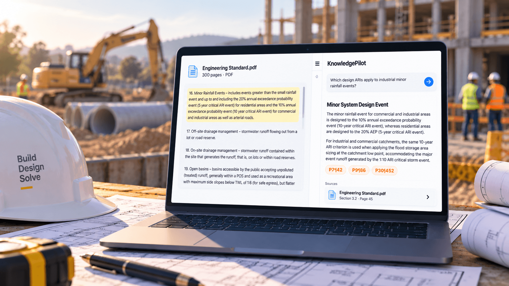 KnowledgePilot answering an engineering requirement question on a laptop at a civil construction site