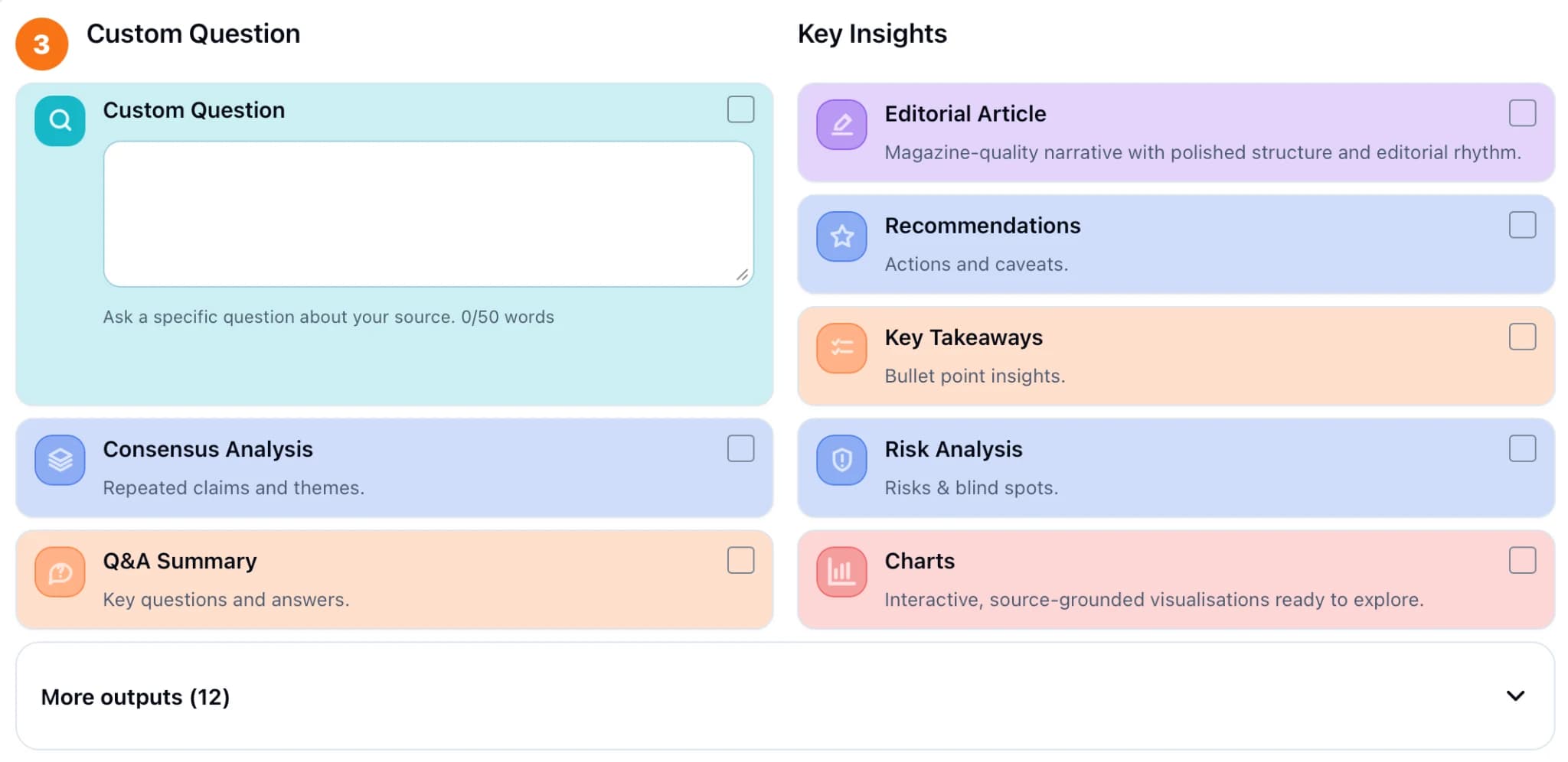 Analysis output chooser with a custom question and key insight options, by KnowledgePilot
