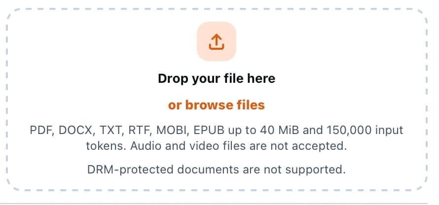 Document upload area listing PDF, DOCX, TXT, RTF, MOBI, and EPUB formats, by KnowledgePilot
