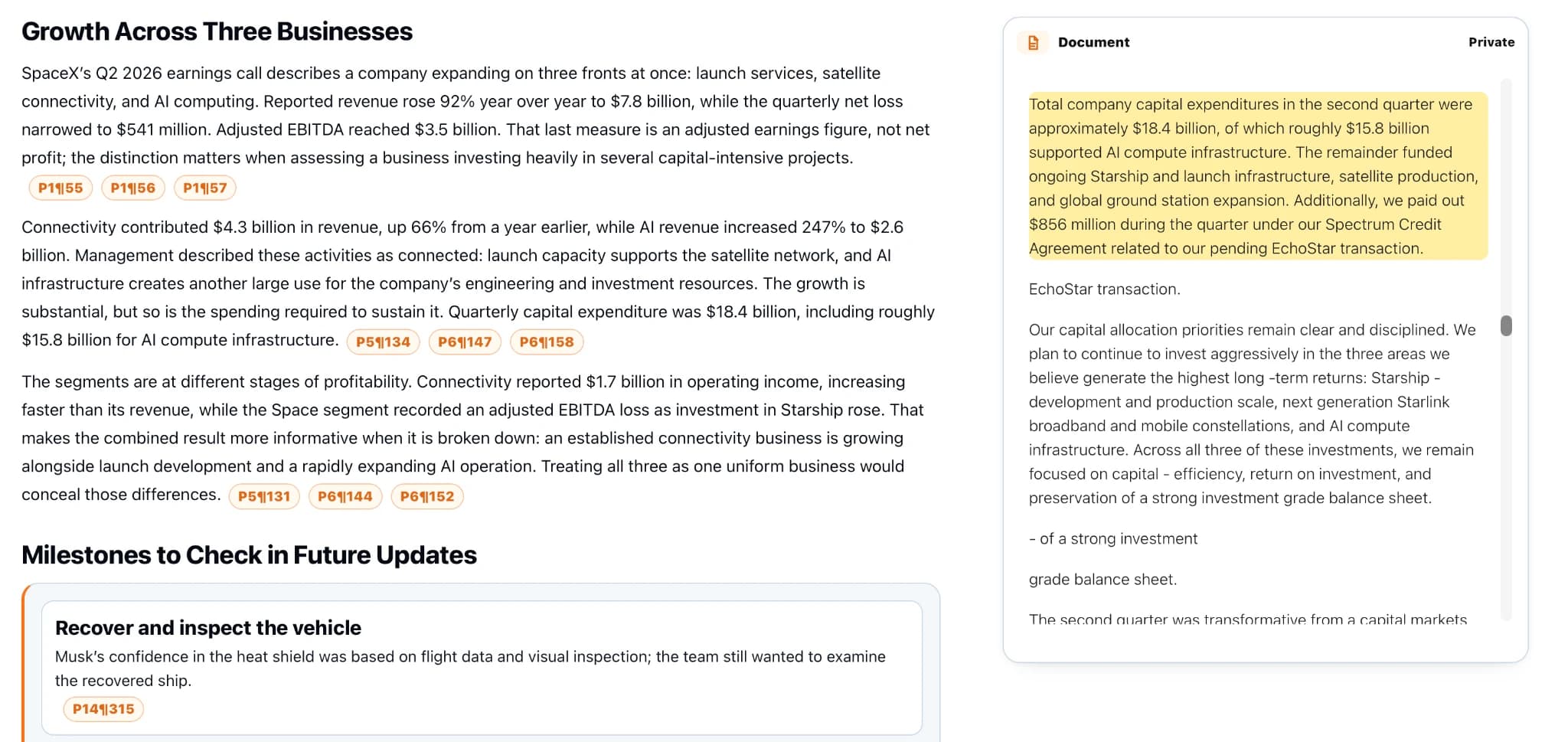 PDF answer beside highlighted supporting passages in the document source viewer, by KnowledgePilot