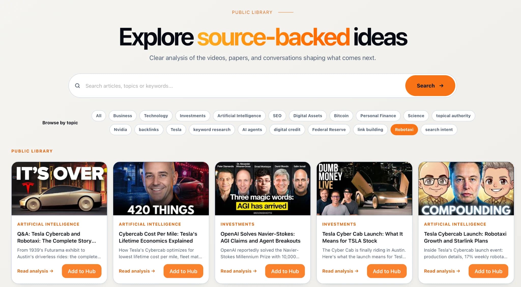 Public Library showing searchable source-backed analysis cards, by KnowledgePilot