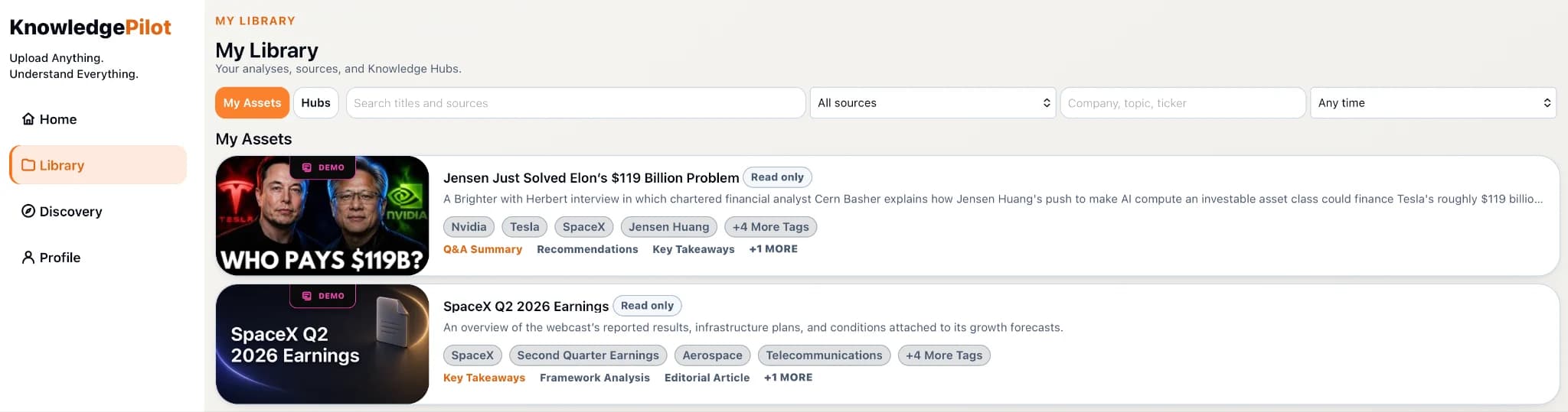 Library showing saved document and YouTube analyses with their generated outputs, by KnowledgePilot
