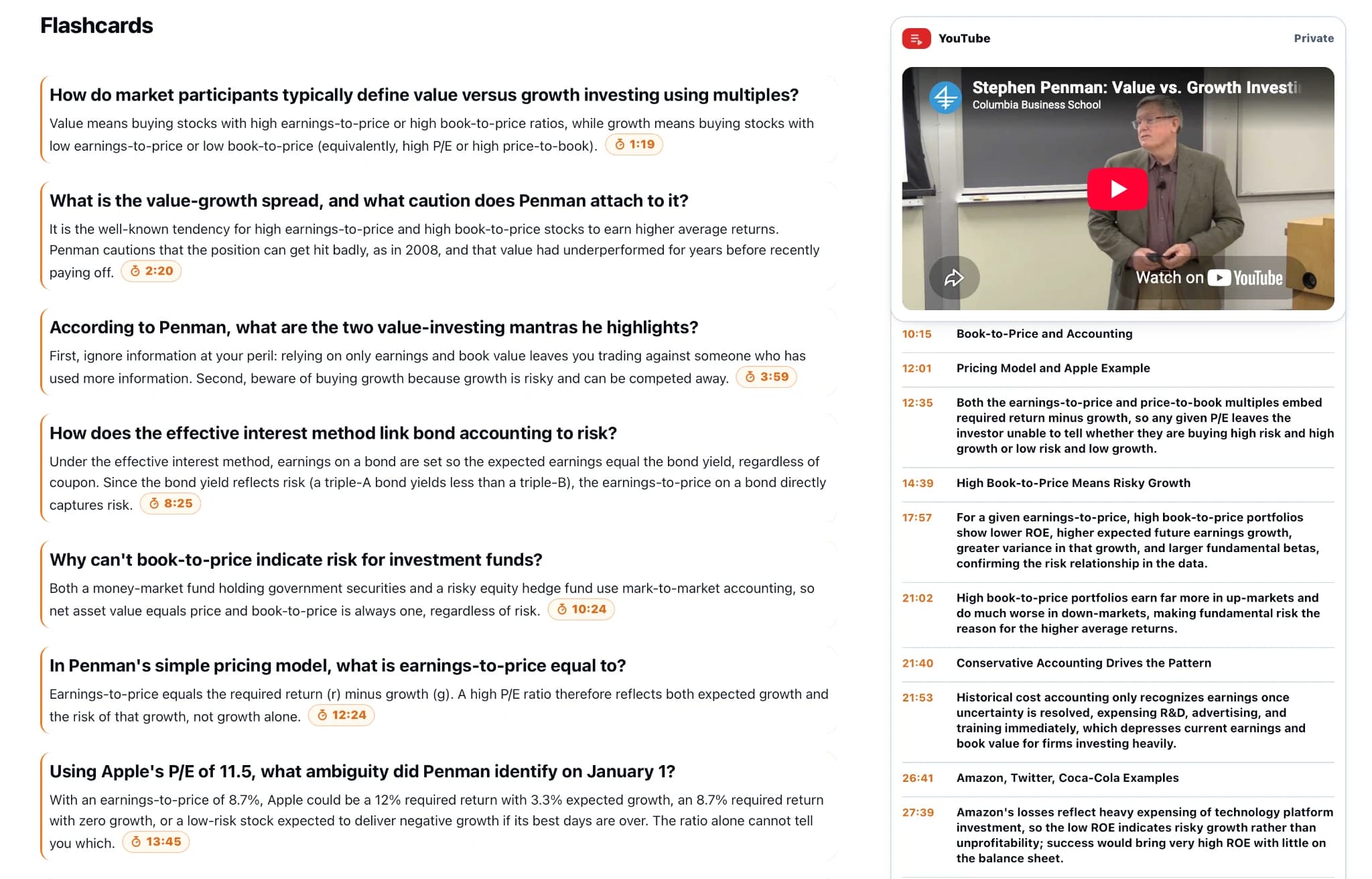 YouTube research article with timestamp citations beside the source player and chapters, by KnowledgePilot