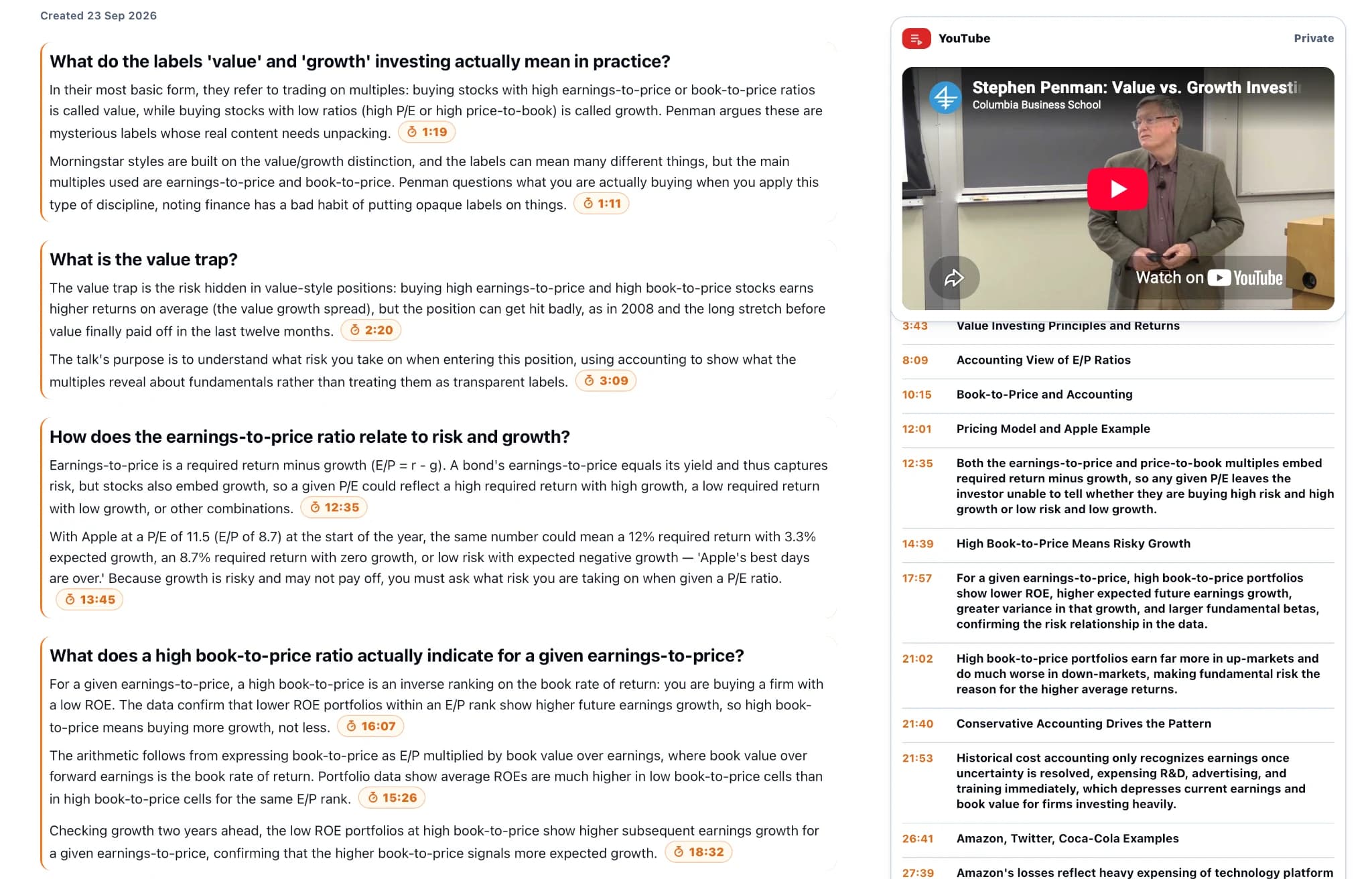 YouTube article with numbered citations beside the source player and chapter navigation, by KnowledgePilot