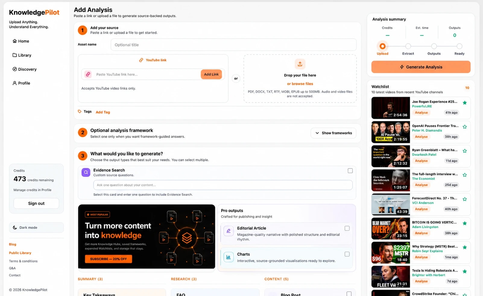 KnowledgePilot analysis setup with file upload, output choices, generation progress, and a YouTube Watchlist
