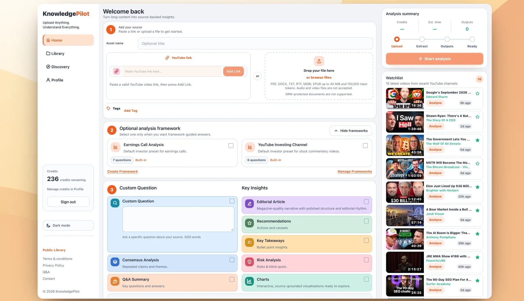 KnowledgePilot dashboard with source upload, analysis frameworks, colorful output cards, progress summary, and recent Watchlist videos, by KnowledgePilot.