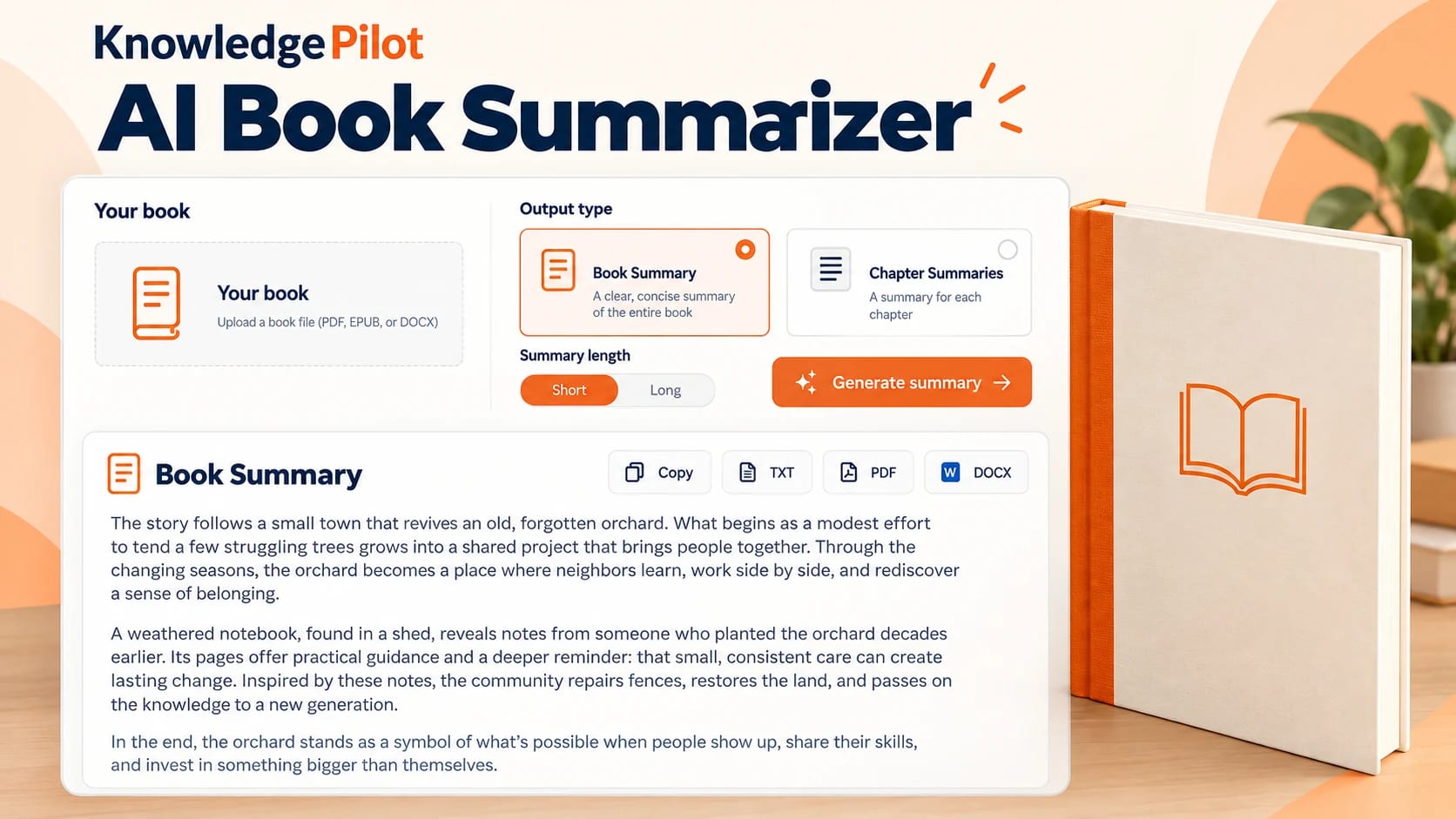 KnowledgePilot AI book summarizer with book upload, short and long summaries, chapter summaries, and TXT, PDF and DOCX downloads.