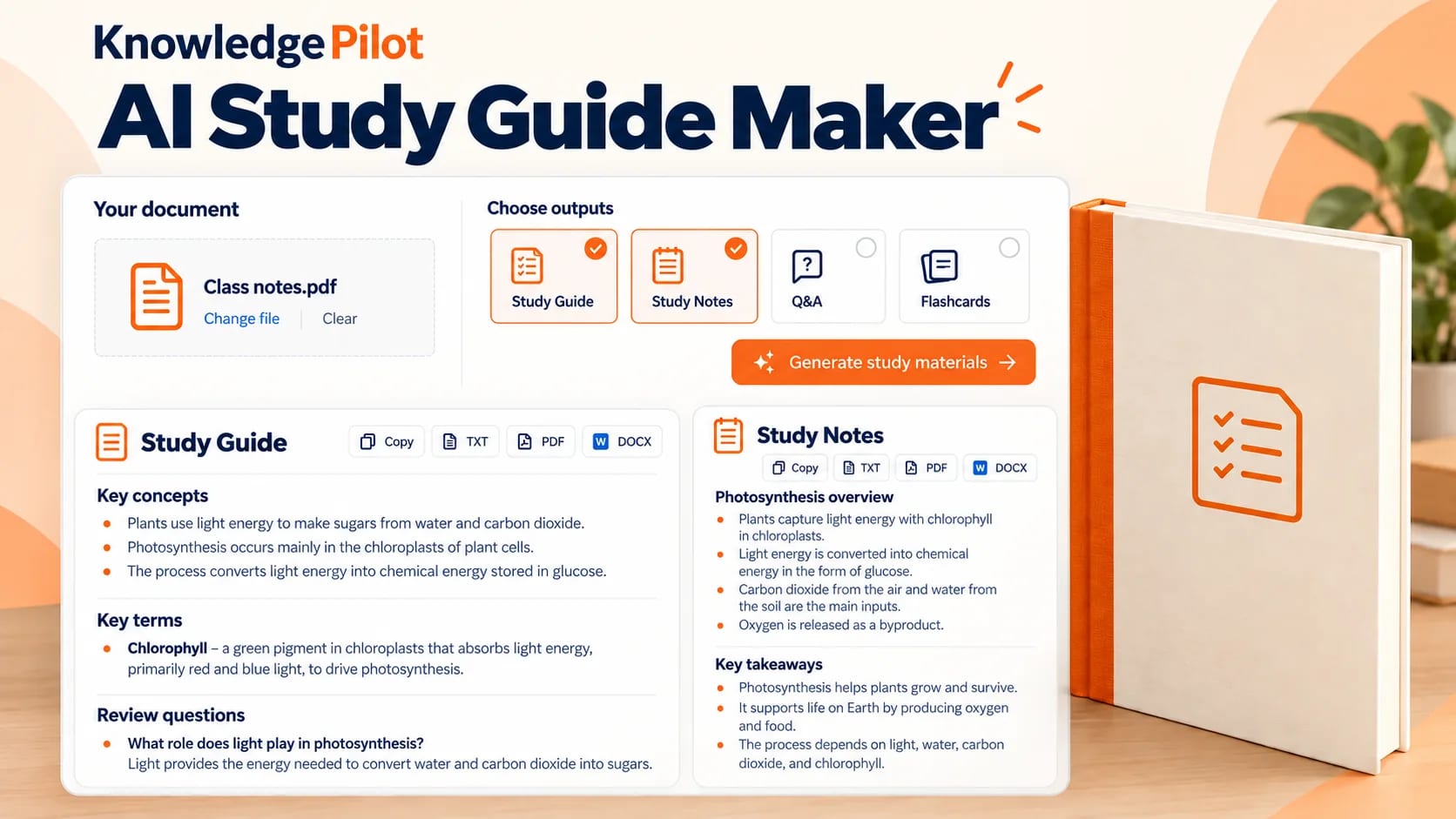 KnowledgePilot AI study guide maker with document upload, study output options, Study Guide and Study Notes results, and TXT, PDF and DOCX downloads.