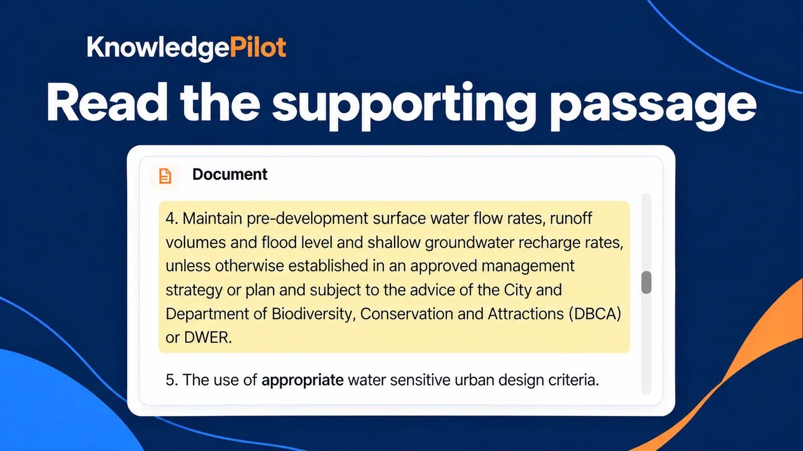 KnowledgePilot document source viewer highlights a surface-water requirement and its approved-management-strategy exception.