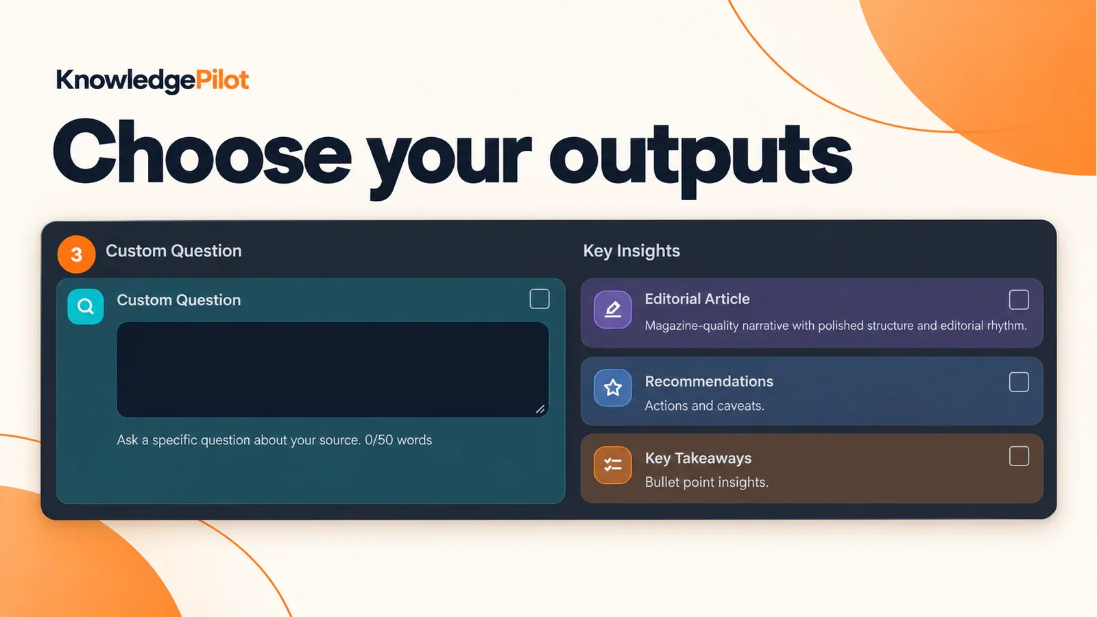 KnowledgePilot Custom Question field and selectable Editorial Article, Recommendations and Key Takeaways cards.