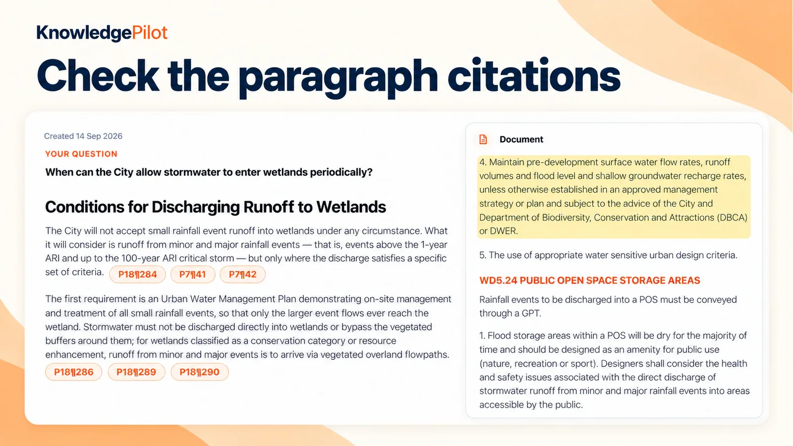 KnowledgePilot document answer with paragraph citations beside a highlighted supporting source passage.