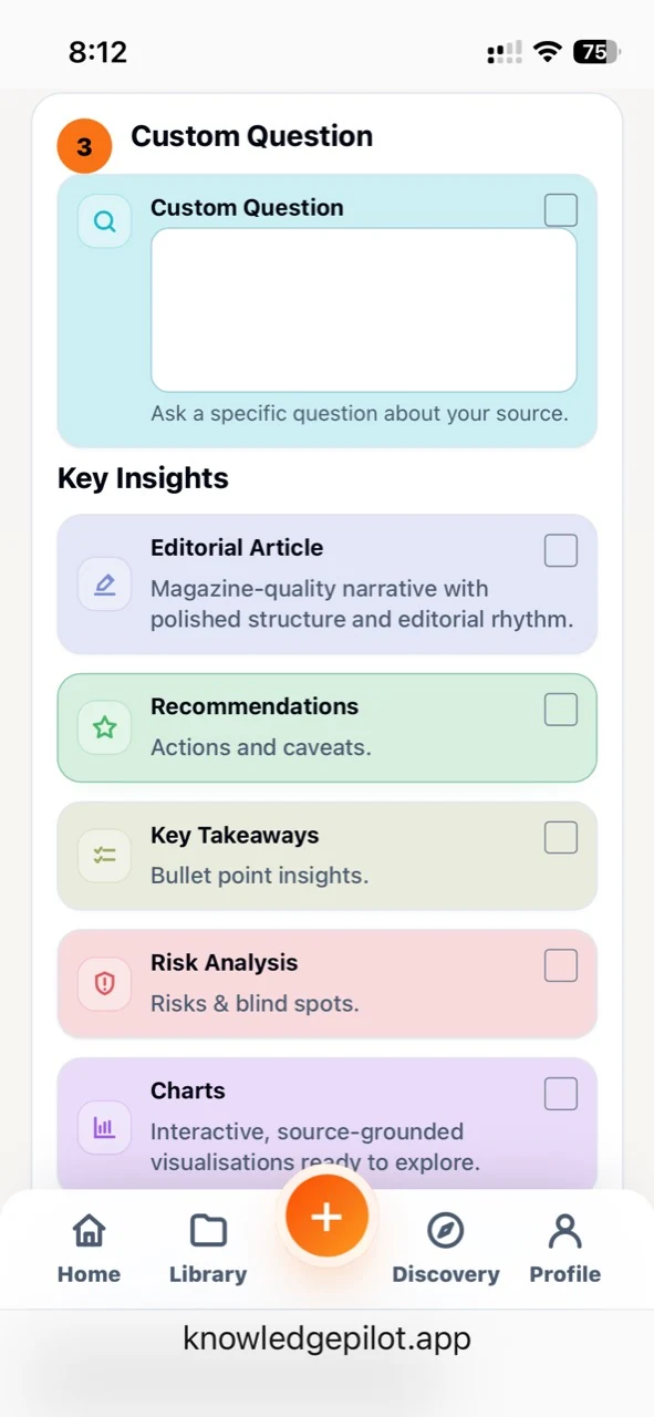 KnowledgePilot mobile analysis setup with a custom question and selectable insight outputs.