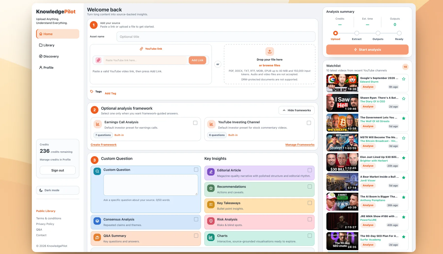 KnowledgePilot dashboard with source upload, analysis frameworks, colorful output cards, progress summary, and recent Watchlist videos.
