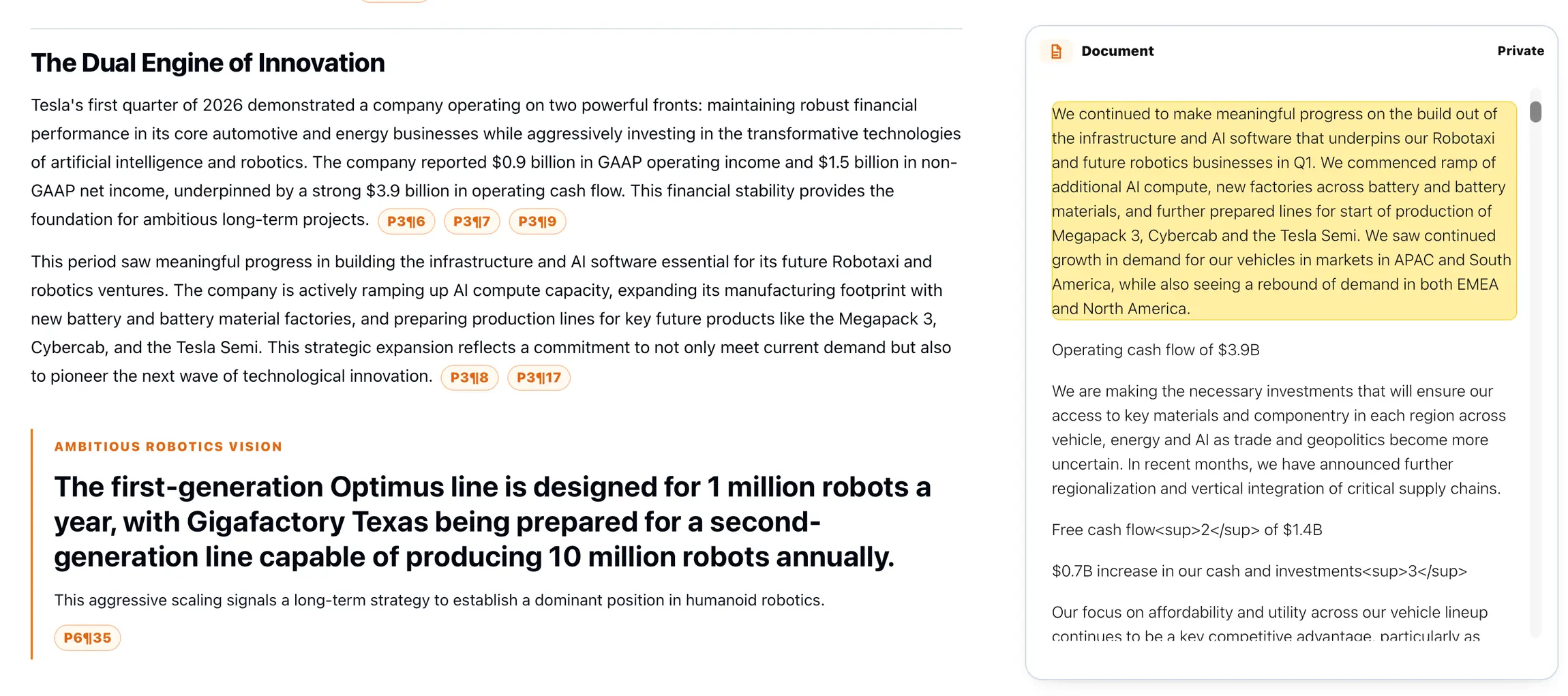 KnowledgePilot document answer beside highlighted supporting paragraphs in the source viewer.