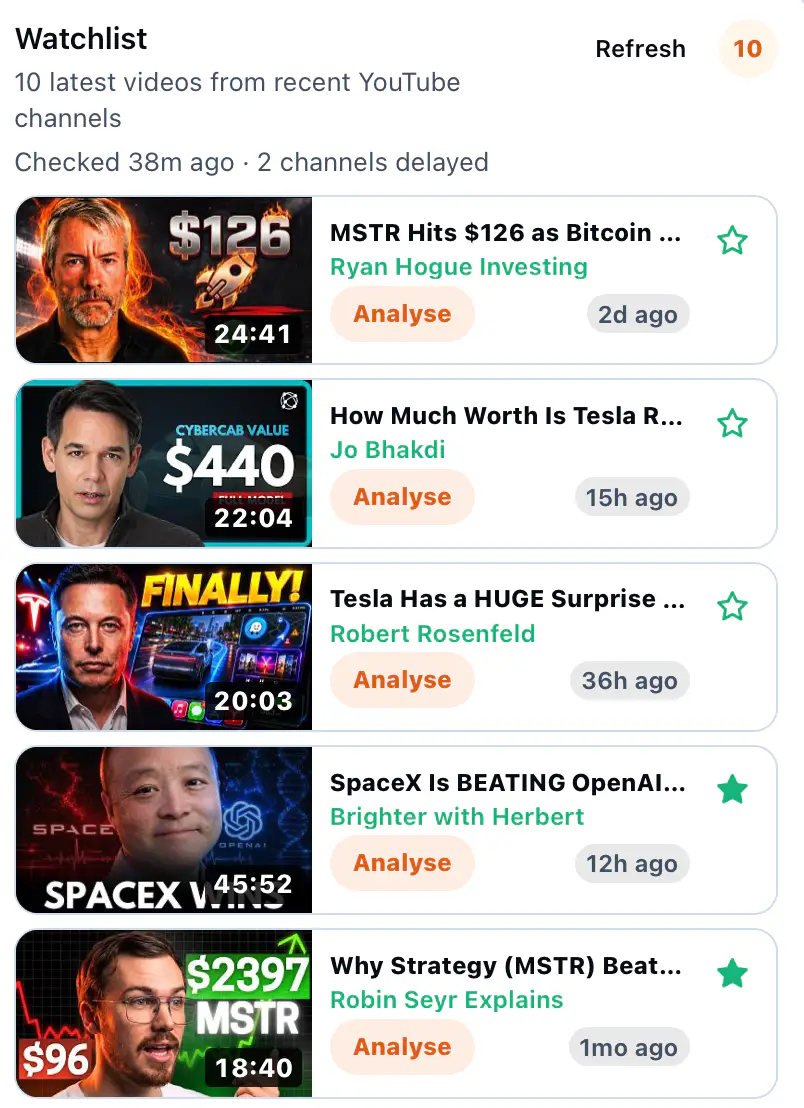 KnowledgePilot YouTube channel Watchlist with recent videos ready to review