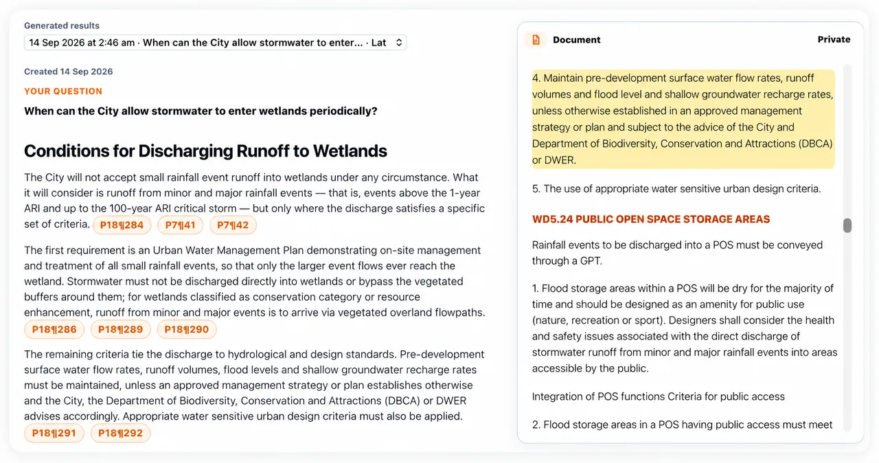 KnowledgePilot document answer, citation, and highlighted supporting source passage