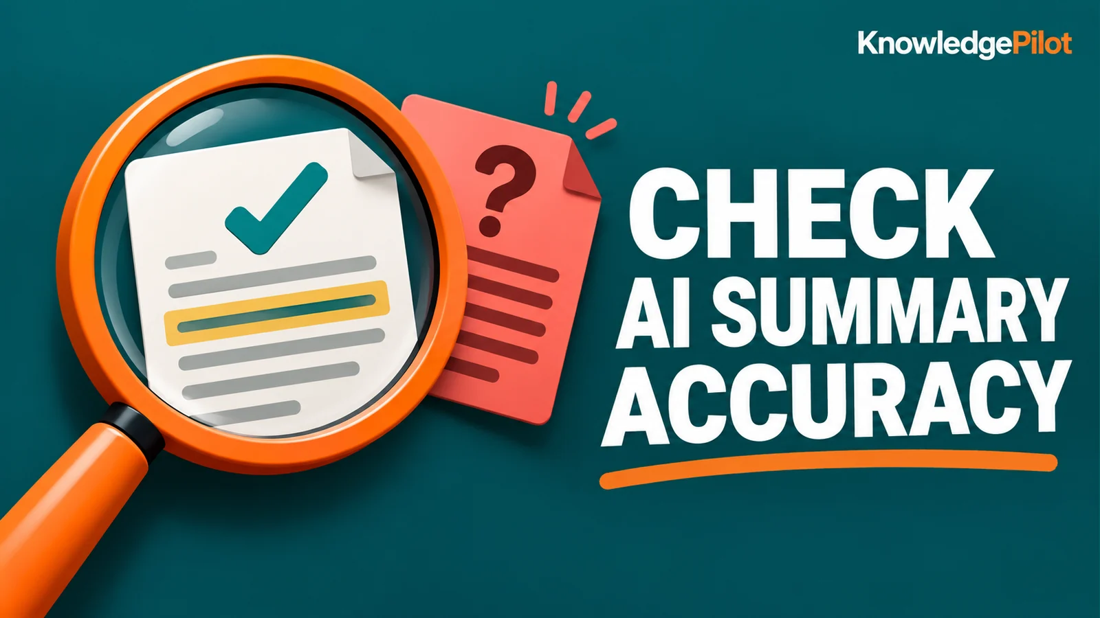 Orange magnifying glass checking a highlighted source passage beside a question-mark card, illustrating AI summary accuracy checks.