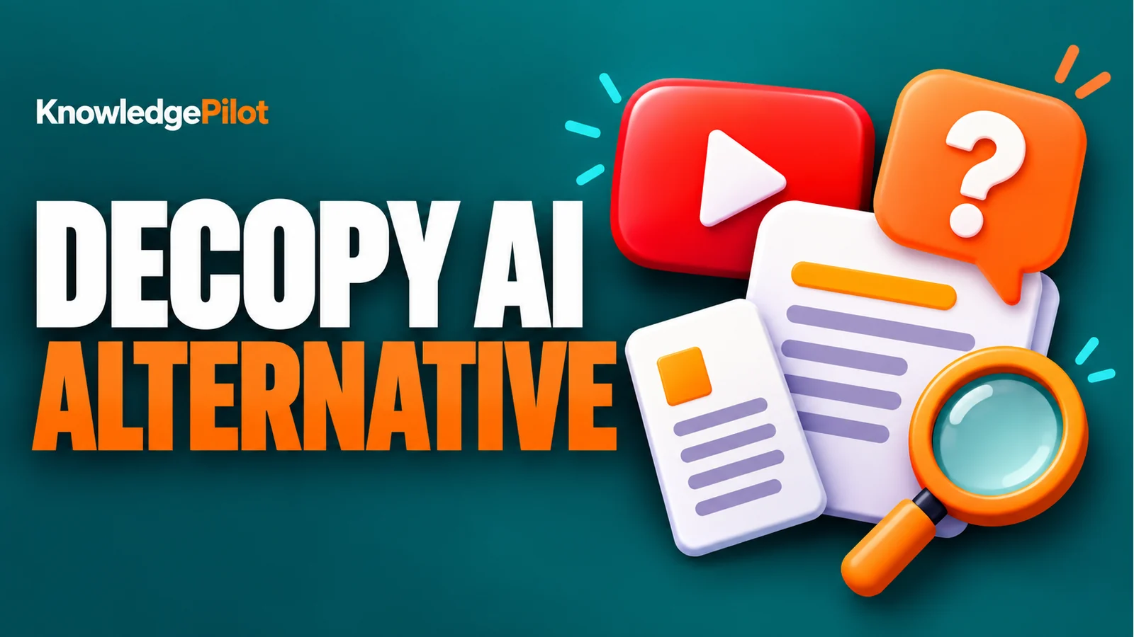 Video play tile, summary cards and orange question bubble beside the Decopy AI Alternative headline.