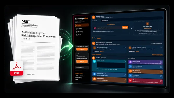 KnowledgePilot artwork showing a PDF feeding into the document analysis dashboard