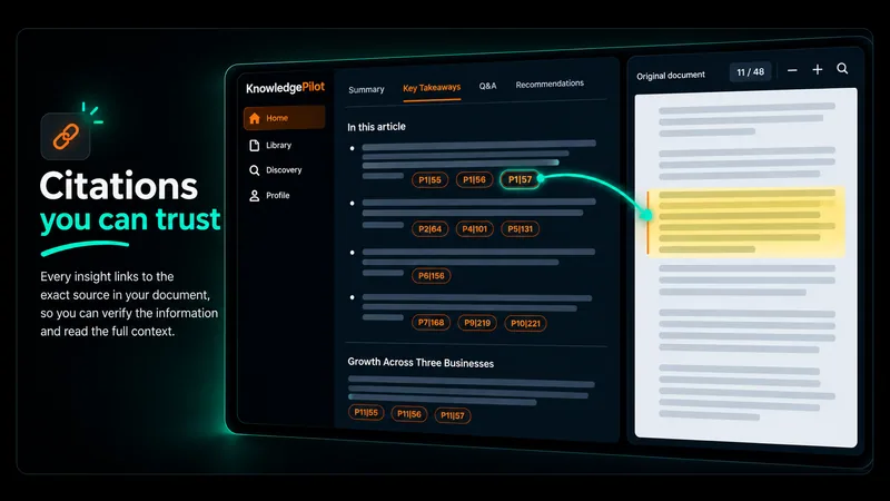 KnowledgePilot citation artwork showing a document dashboard beside a highlighted source passage