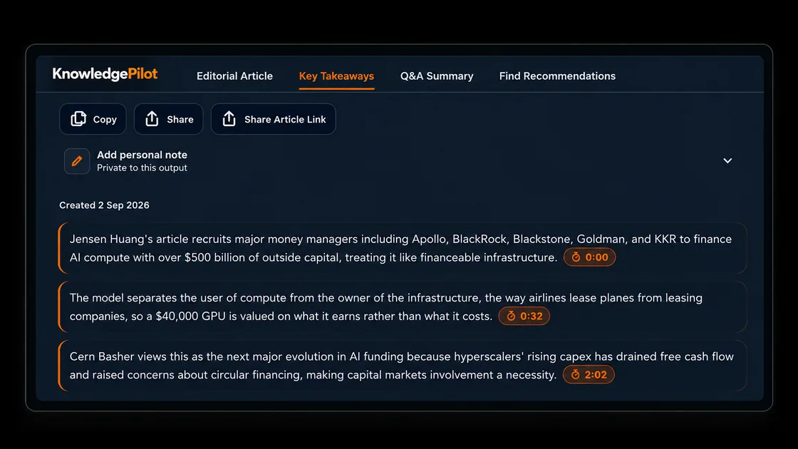 KnowledgePilot dark document dashboard showing numbered key takeaways with source references