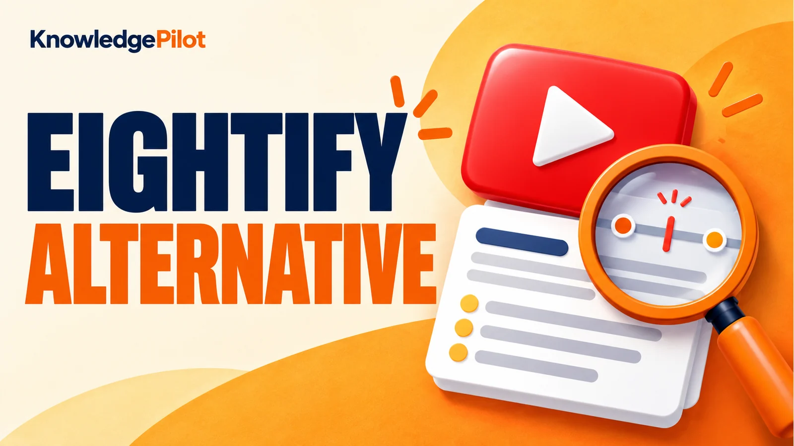 Magnifying glass over video timestamp markers beside the Eightify Alternative headline.