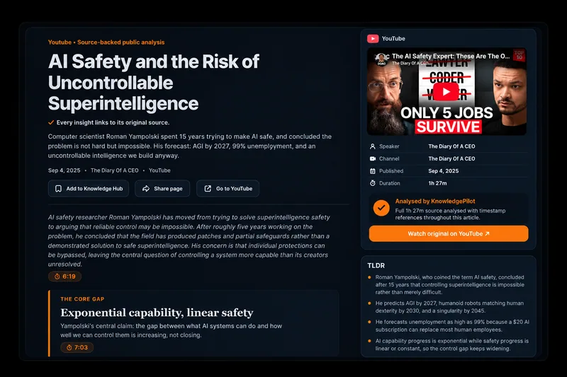 KnowledgePilot AI safety article with numbered citations, chapter links, and an embedded YouTube source