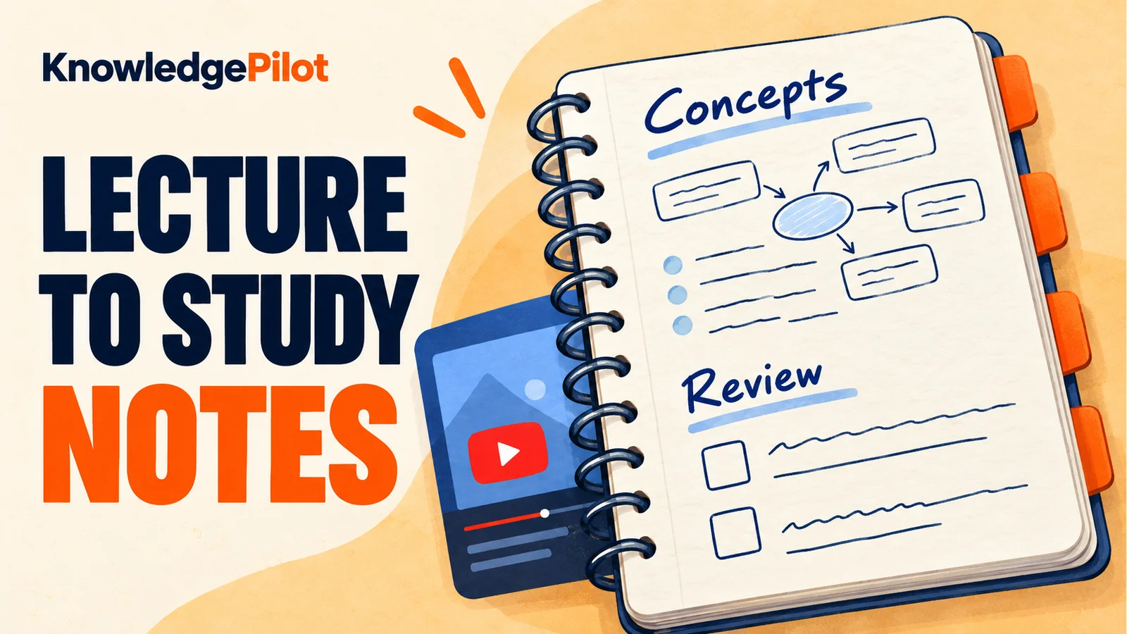 Open notebook with concept diagrams and review questions beside a lecture video card, illustrating YouTube lecture study notes.