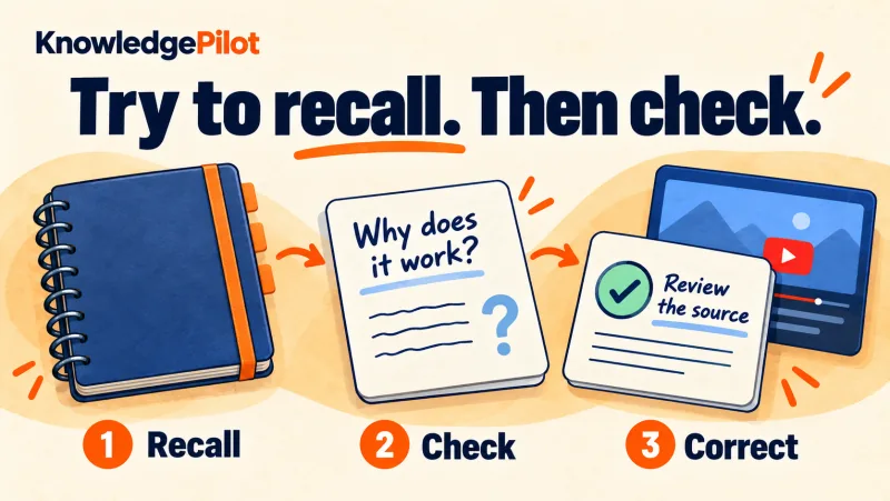 Recall practice with closed notes, a study question and a source check to correct the answer.
