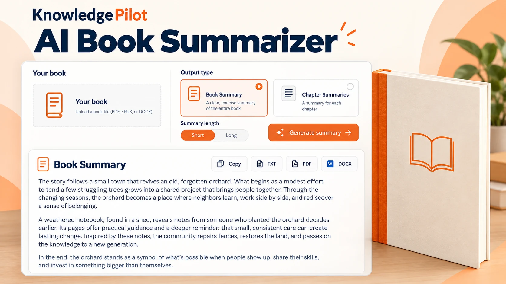 KnowledgePilot AI book summarizer with book upload, short and long summaries, chapter summaries, and TXT, PDF and DOCX downloads.
