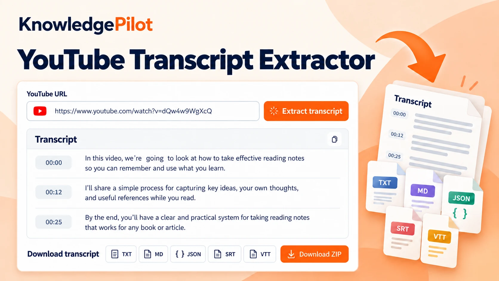 KnowledgePilot YouTube transcript extractor with video URL input, transcript text and downloads in text and subtitle formats.